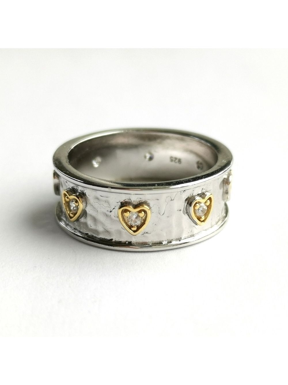 Hammered sterling silver 14k gold heart accent white sapphire band ring 🆕